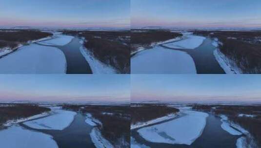 呼伦贝尔冬天自然风光湿地不冻河雪景高清在线视频素材下载
