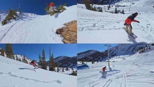 滑雪户外滑雪高山雪山森林滑雪阳光蓝天白云高清在线视频素材下载