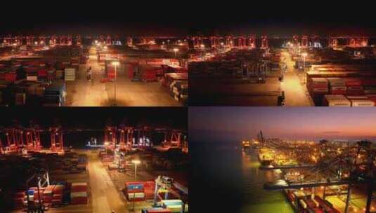 航拍夜幕降临繁忙的南沙港三高清在线视频素材下载