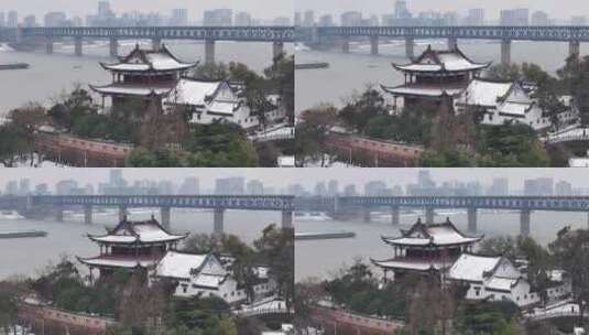 武汉航拍雪景古建筑晴川阁长江大桥高清在线视频素材下载
