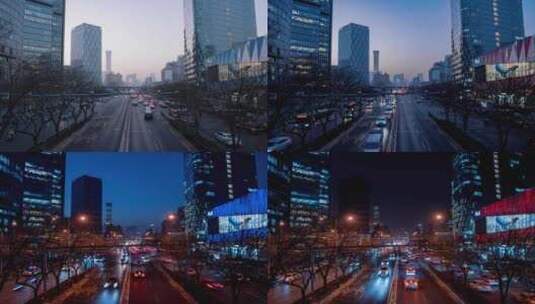 【原创4K】北京城市CBD车流日转夜延时高清在线视频素材下载