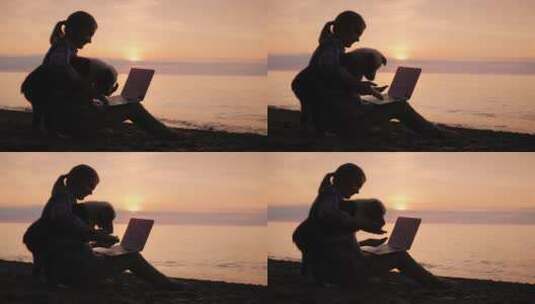 女博客抱着小狗坐在海边高清在线视频素材下载