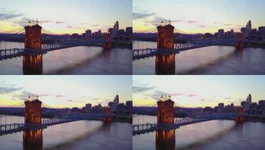黄昏时分航拍一座横跨俄亥俄河的大桥高清在线视频素材下载