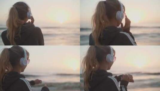 女孩在海边听着音乐高清在线视频素材下载