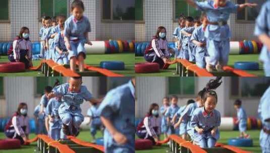 幼儿园红色教育训练--跳跃障碍高清在线视频素材下载