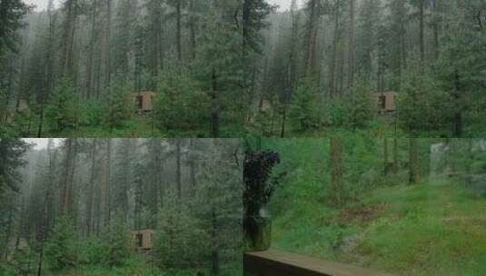 森林小屋大雨拍打窗户高清在线视频素材下载