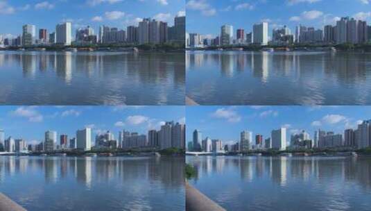 广州珠江岸摩天大楼建筑群蓝天白云城市风光高清在线视频素材下载