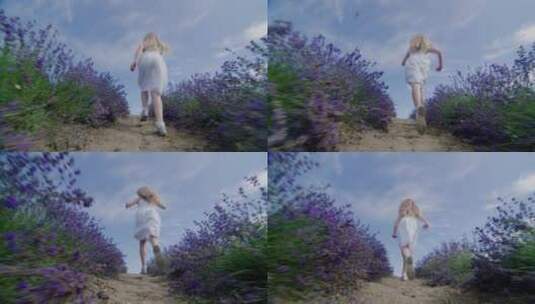 小女孩在薰衣草中间奔跑高清在线视频素材下载