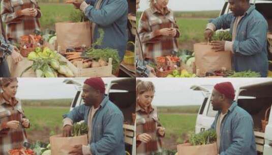 女人从农民夫妇那里购买蔬菜高清在线视频素材下载
