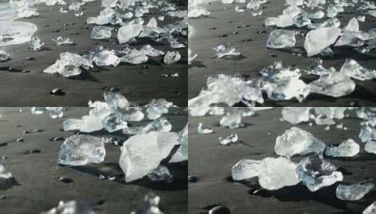 黑沙滩上的冰块 碎冰高清在线视频素材下载