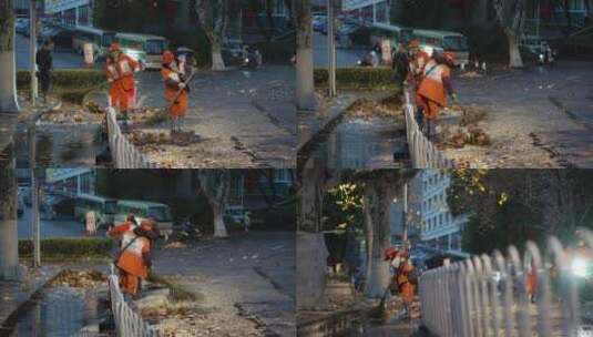 清晨慢镜头记录环卫工人打扫雨后落叶的街道高清在线视频素材下载