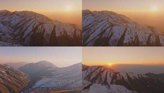 日落时分金黄色的雪山山峰晚霞峡谷航拍高清在线视频素材下载