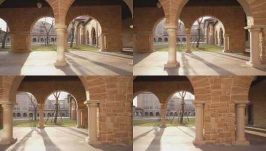 阳光照射在欧式建筑圆形拱门走廊高清在线视频素材下载