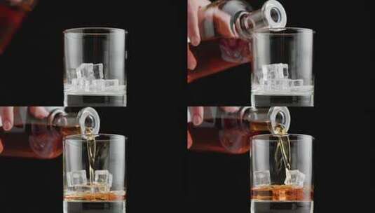 将威士忌倒入装有冰块的玻璃杯中的特写镜头高清在线视频素材下载