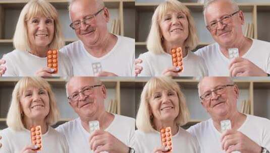 快乐的老年养老金领取者夫妇拿着药丸，欢笑愉快的养老金领取者家庭高清在线视频素材下载