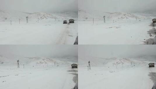 西藏旅游317国道车窗外冰雪路面白雪皑皑高清在线视频素材下载