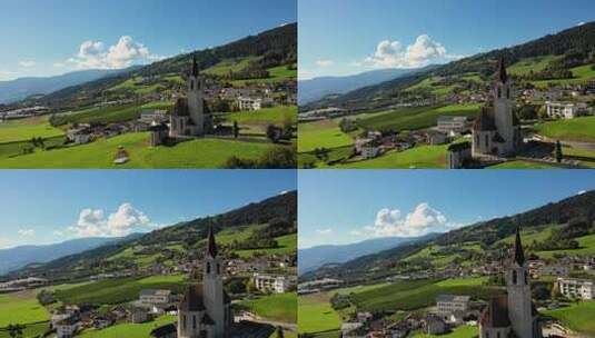 鸟瞰Velturno村附近的教堂和山谷。白云石。秋天意大利高清在线视频素材下载