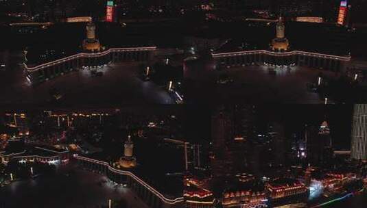 天津解放桥 世纪钟 天津站 夜景 4K航拍高清在线视频素材下载