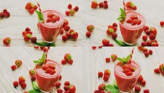 草莓果汁 草莓饮品  草莓奶昔 草莓拍摄高清在线视频素材下载