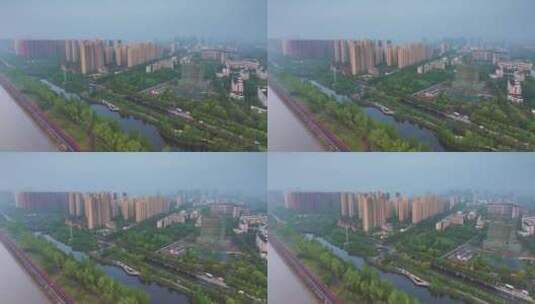 杭州下沙钱塘绿道沿江清晨风光高清在线视频素材下载
