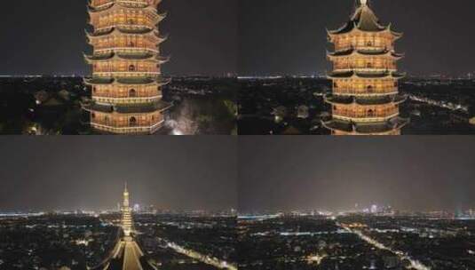 苏州古城夜景人民路北寺塔北报恩寺高清在线视频素材下载