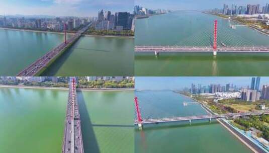 杭州钱塘江西兴大桥航拍车流交通城市风景风高清在线视频素材下载