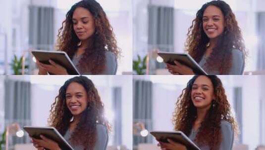 办公室平板电脑上快乐女人的脸，用于商业市高清在线视频素材下载