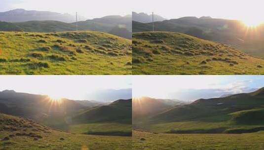 川西高原黄绿色山丘日落光芒四射高清在线视频素材下载