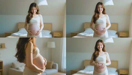 孕妇卧室双手抚肚微笑高清在线视频素材下载
