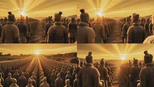 夕阳下的兵马俑阵列高清在线视频素材下载