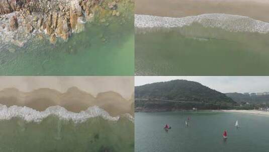 蔚蓝大海和白色浪花、沙滩及水上帆船高清在线视频素材下载