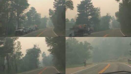 沿途拍摄道路森林发生火灾高清在线视频素材下载