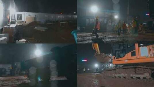 雨季夜晚工地视频方舱医院建设夜晚施工现场高清在线视频素材下载