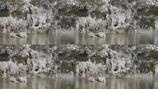 中式合院外景观水池假山假石高清在线视频素材下载