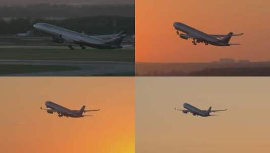 一架客机在日落时起飞高清在线视频素材下载