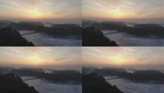 旅游景区湖南湘西地质公园清晨云海日出航拍高清在线视频素材下载