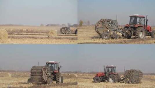 拖拉机四轮子小麦水稻秸秆打捆机高清在线视频素材下载