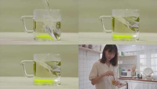 女孩玻璃杯泡茶茶叶水超清唯美高清在线视频素材下载