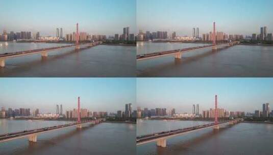 杭州奥体中心西兴大桥航拍高清在线视频素材下载