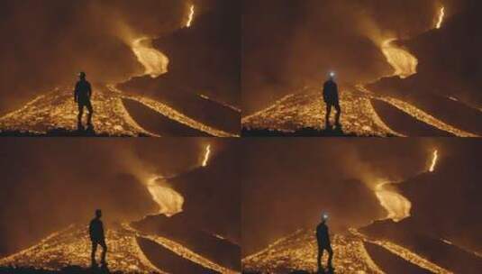 火山喷发前的探险家背影高清在线视频素材下载