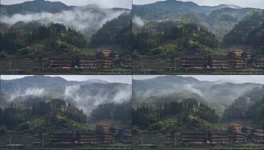 广西桂林黄洛瑶寨寨子民居晨雾风光延时高清在线视频素材下载
