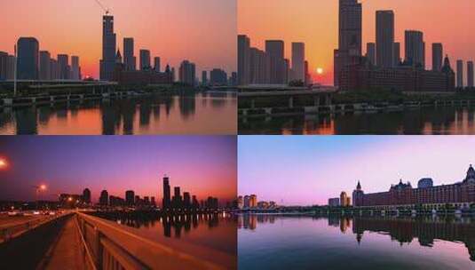 天津地标海河风光海津大桥城市建设车流夕阳高清在线视频素材下载