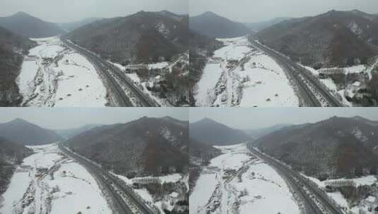 辽宁G11鹤大高速公路雪景风光航拍高清在线视频素材下载