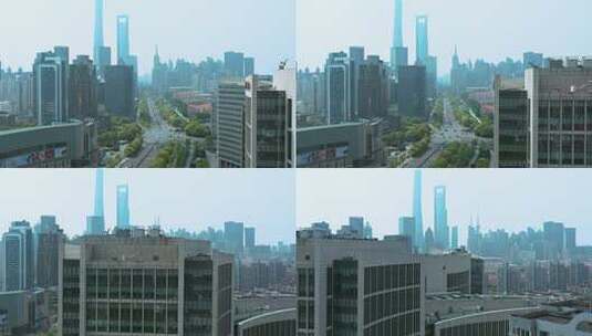 在朦胧云雾中的上海陆家嘴地标建筑航拍高清在线视频素材下载
