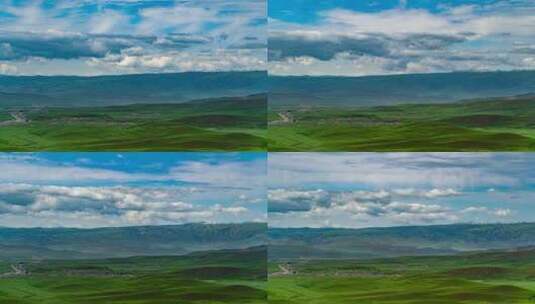 碧绿的草原、牛羊、蓝天白云、村庄高清在线视频素材下载
