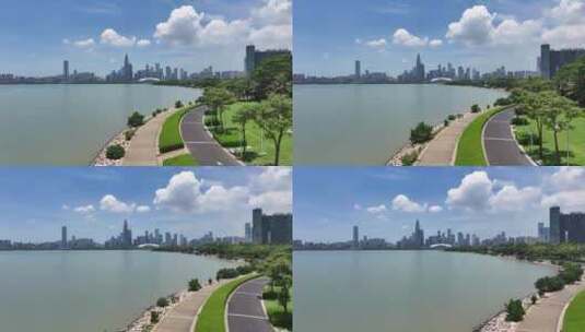 4K深圳湾公园蓝天白云航拍高清在线视频素材下载