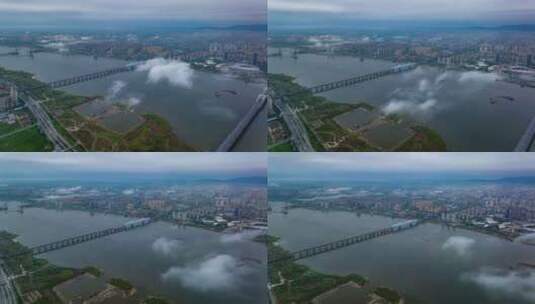 清晨南昌赣江大桥高铁云海延时航拍高清在线视频素材下载