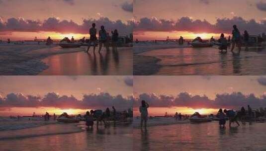 北海银滩海滩落日夕阳海浪慢镜头高清在线视频素材下载
