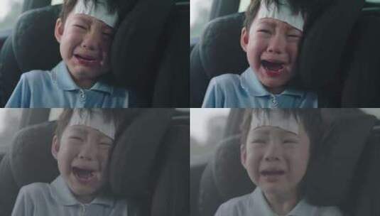 4k实拍男孩发烧在车上哭高清在线视频素材下载