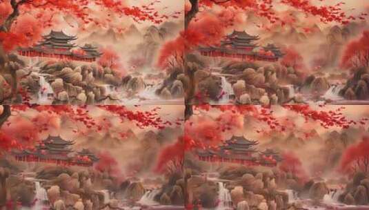 中国风秋日山水层次感丰富的山脉动画高清在线视频素材下载